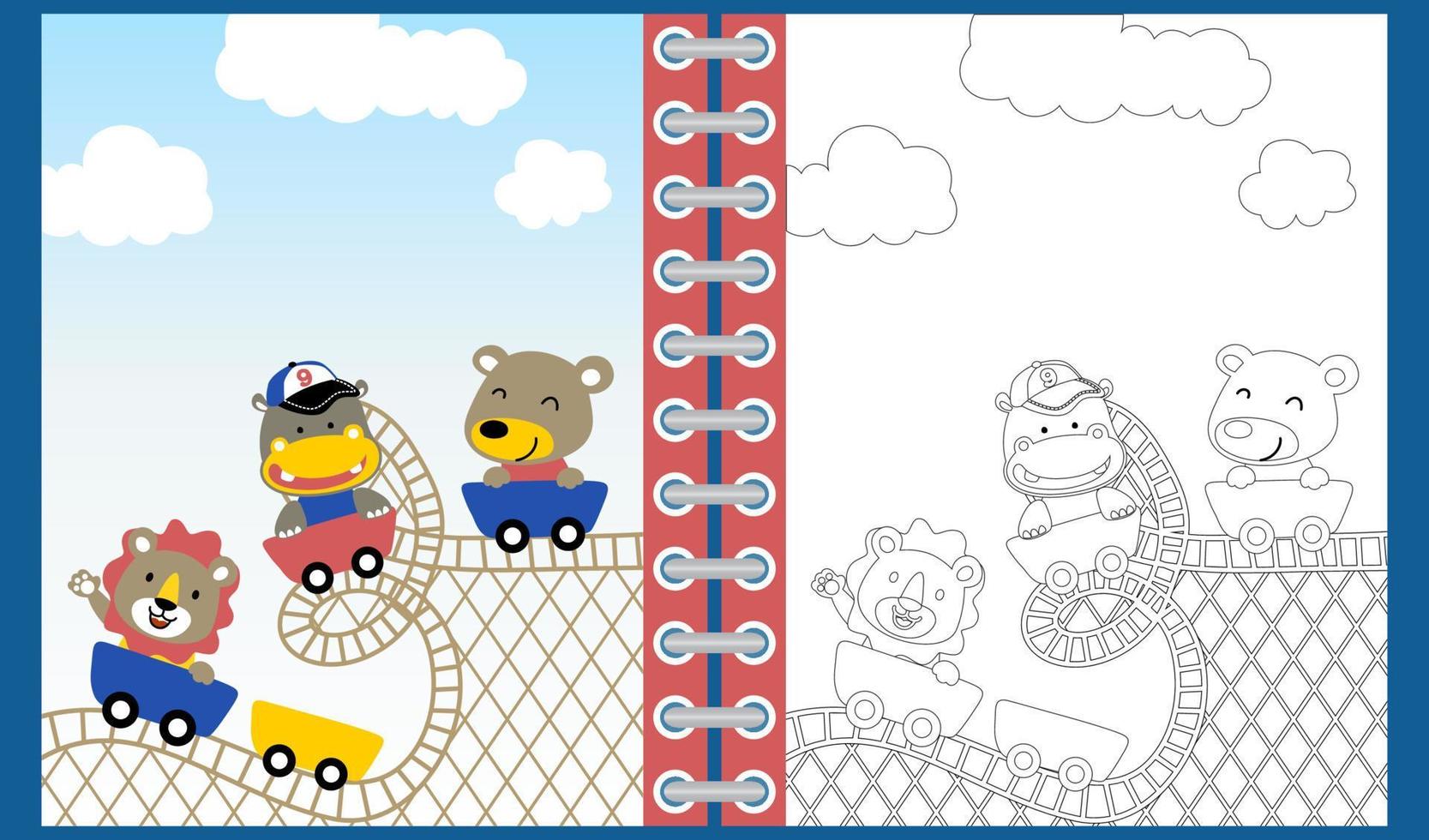 Cute animals cartoon on roller coaster, coloring book or page vector