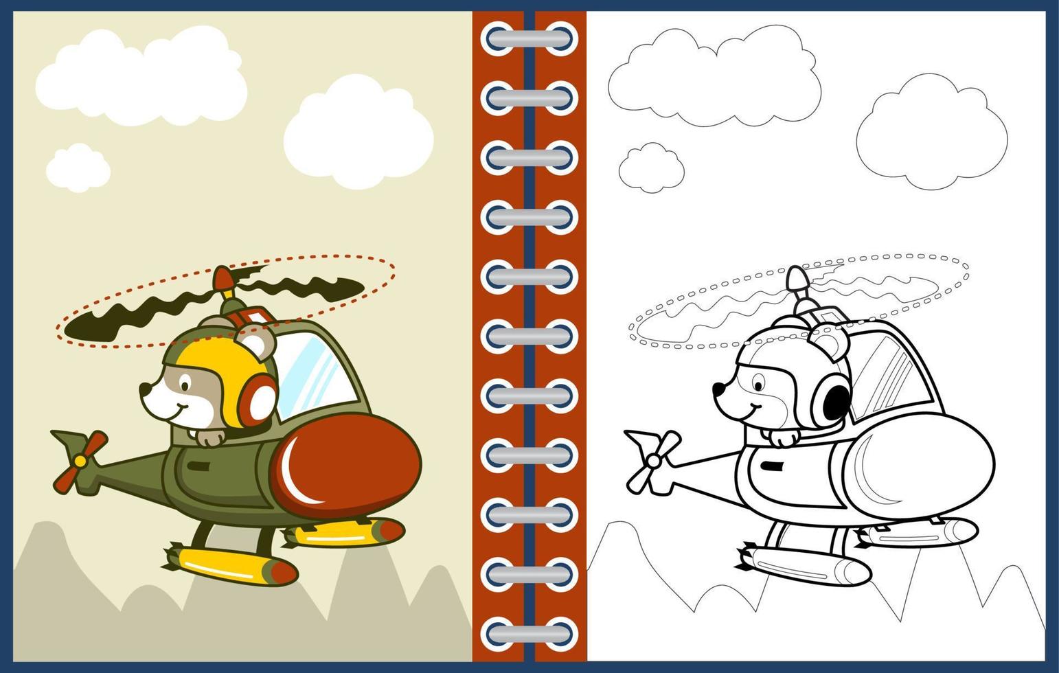 Vector cartoon of cute bear on military helicopter, coloring page or book