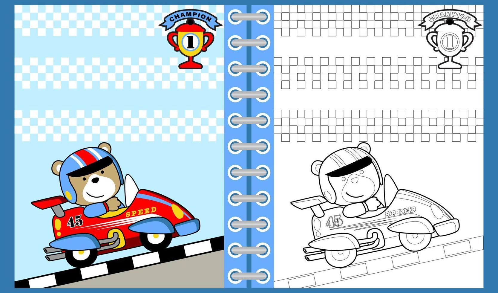 vector dibujos animados de gracioso oso en carreras auto, colorante libro o página