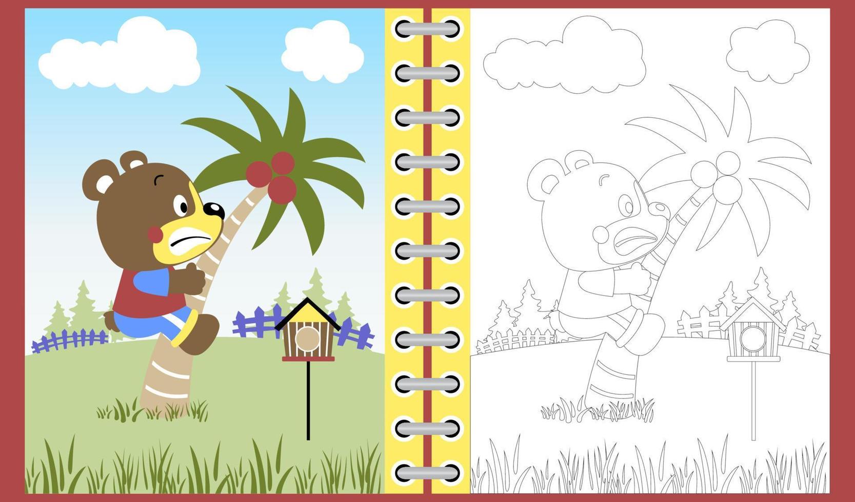 funny bear cartoon climbing palm tree in garden, coloring book or page vector