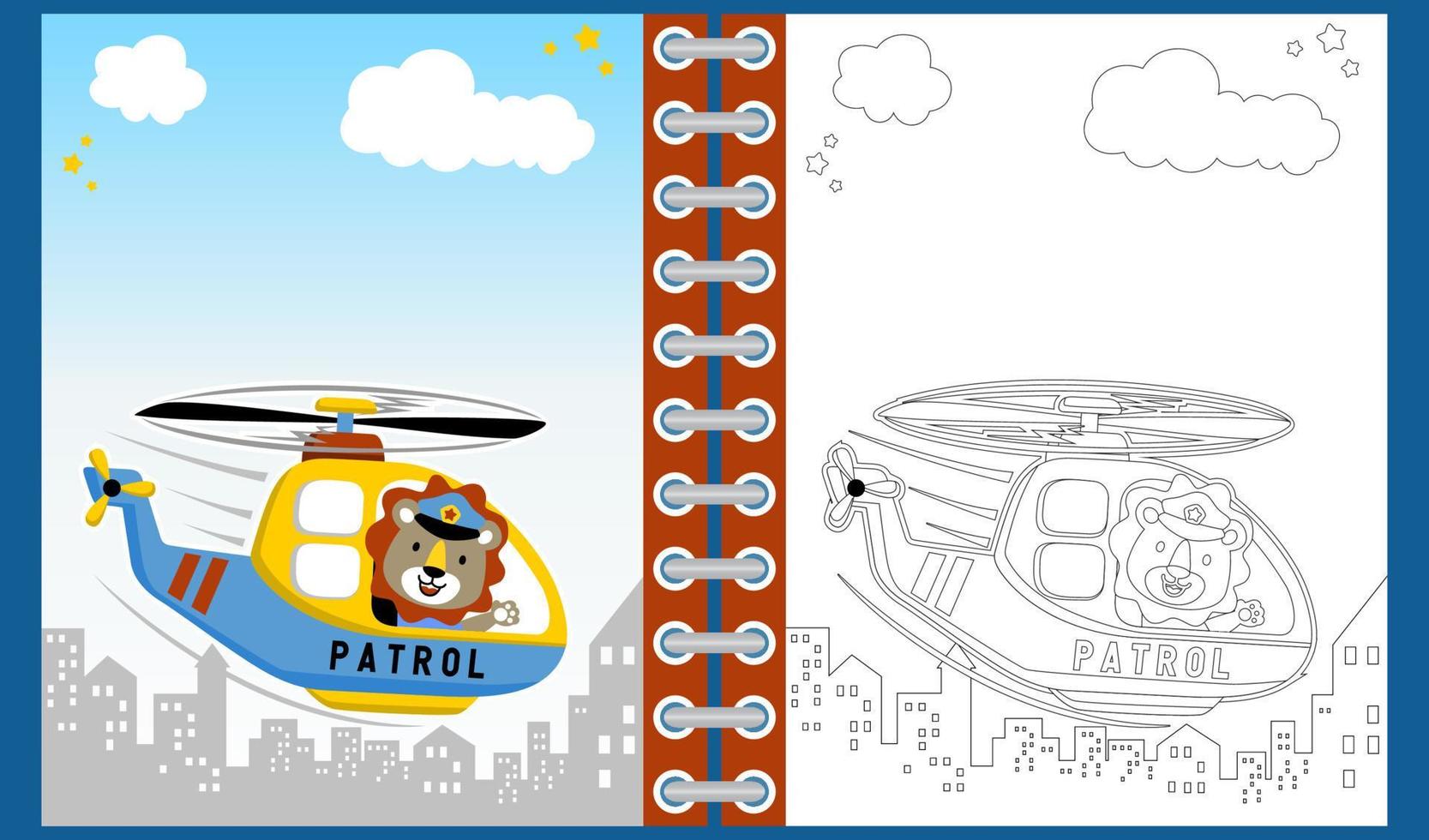 Vector cartoon of cute lion on helicopter, coloring book or page