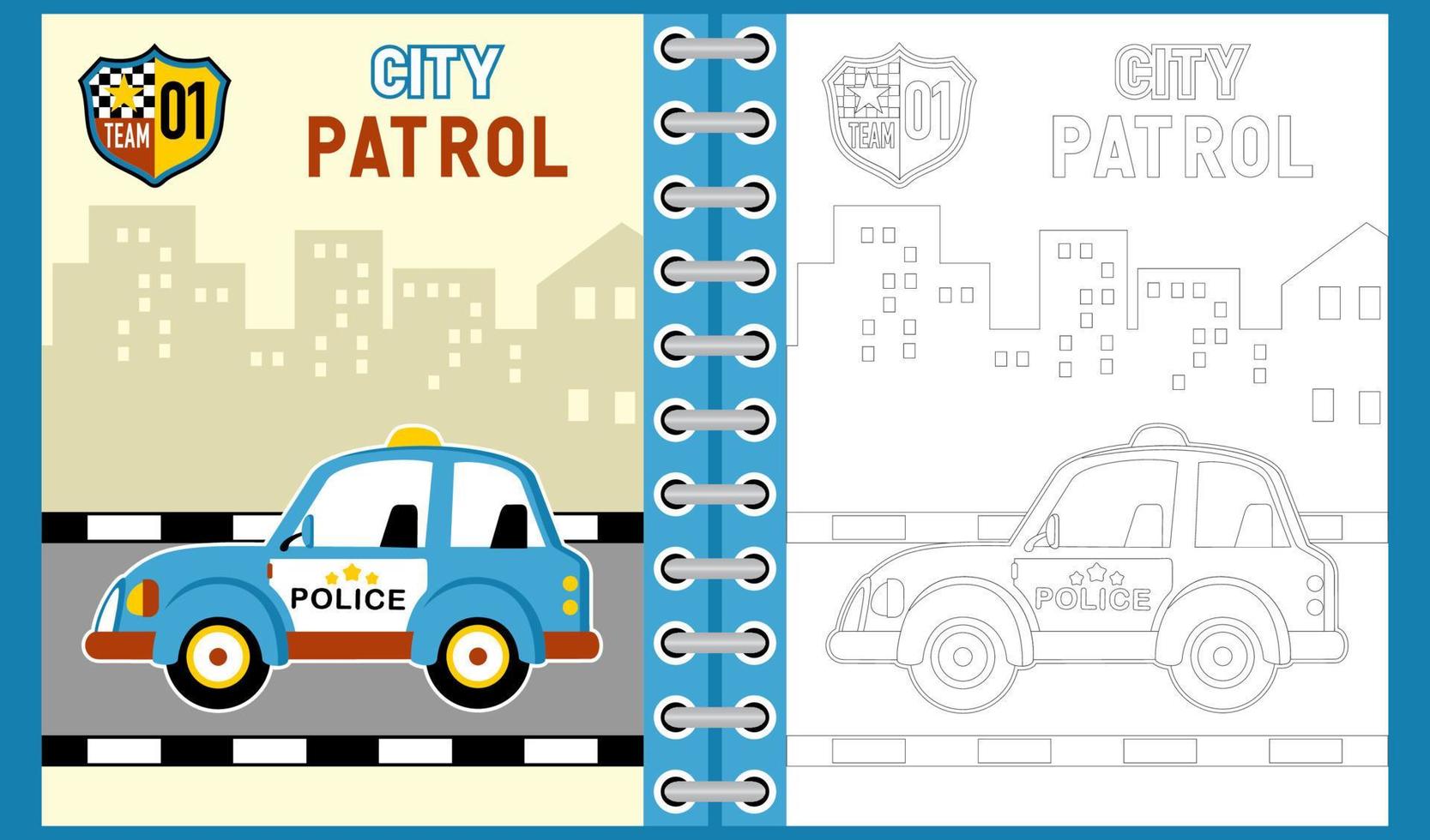 vector cartoon of police car on buildings background, coloring book or page