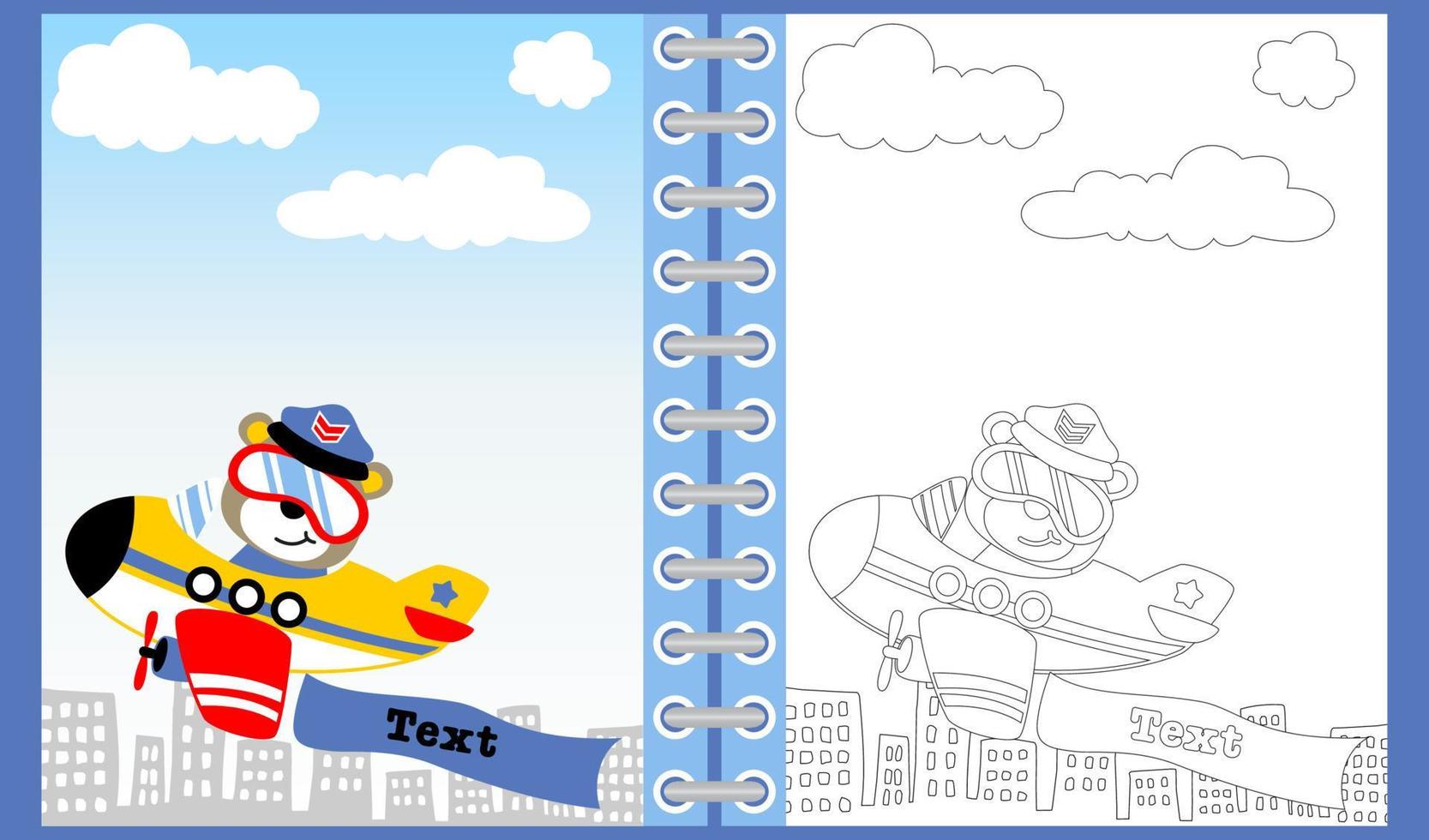 cute bear pilot cartoon on airplane, coloring book or page vector