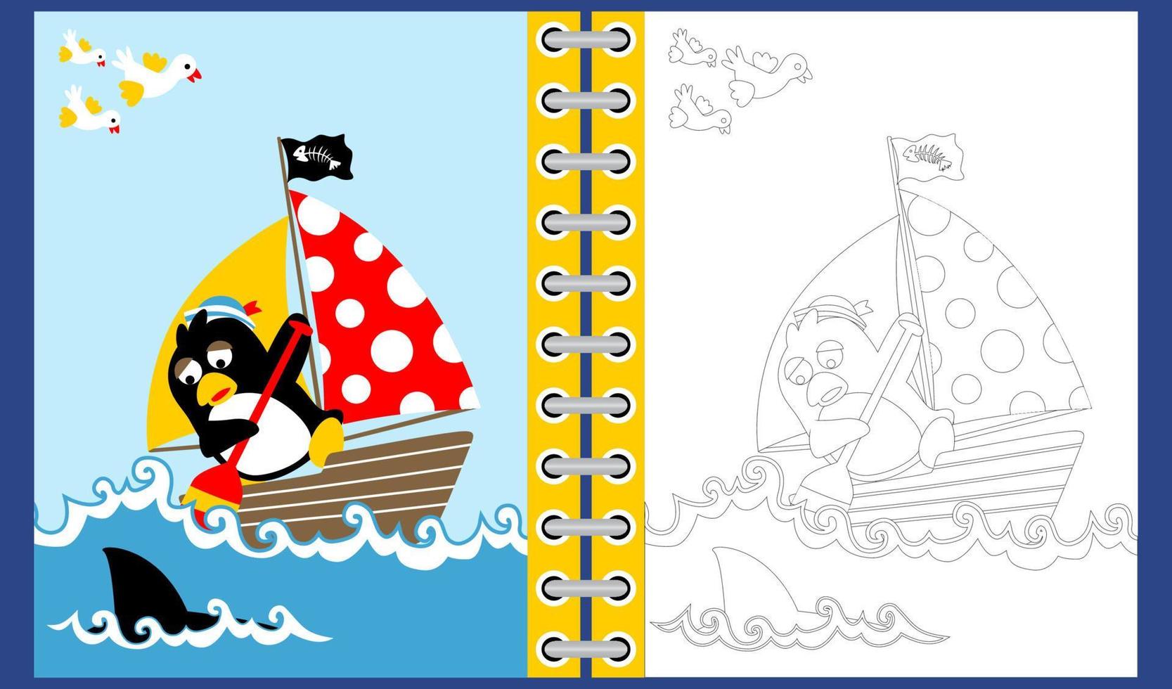 vector cartoon of cute penguin the sailor on sailboat in shark attack, coloring book or page