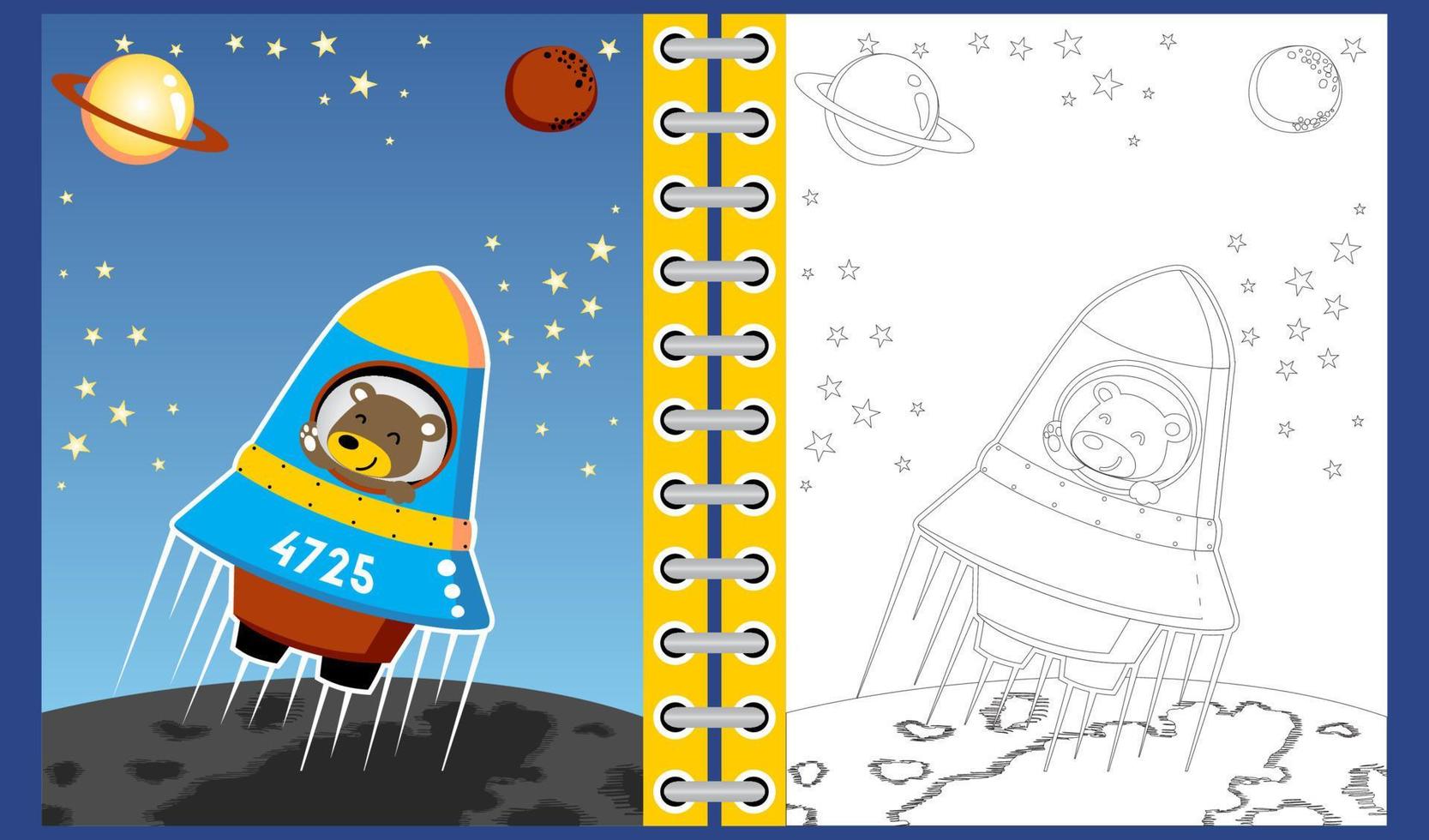 gracioso oso astronauta dibujos animados en cohete en espacio, colorante libro o página vector