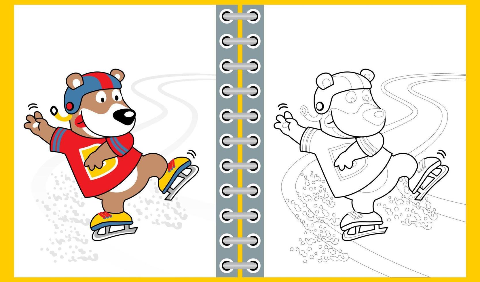 Ice skating with funny bear, coloring book or page, vector cartoon illustration