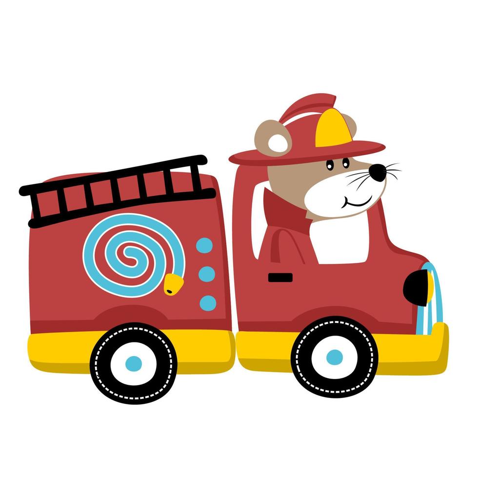 Funny mouse on firetruck, vector cartoon illustration