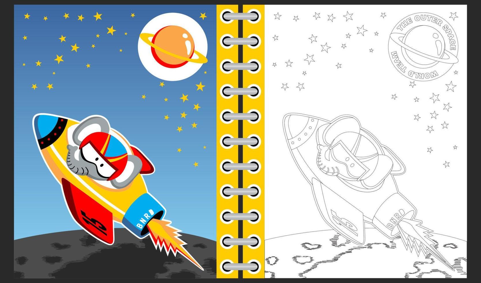 Cute elephant on rocket ship in space, coloring book or page, vector cartoon illustration