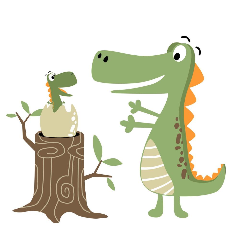 Vector illustration of cute dinosaur with it newborn baby on tree stump