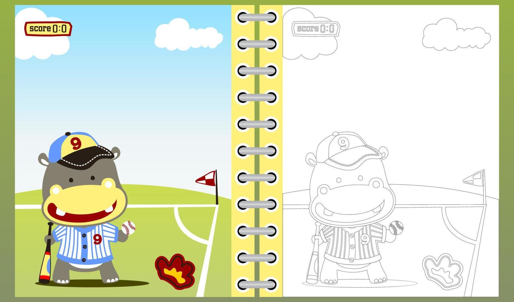 linda hipopótamo en béisbol jugador traje, vector dibujos animados ilustración, colorante libro o página