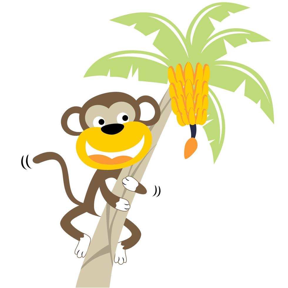 Funny monkey climbing banana tree, vector cartoon illustration
