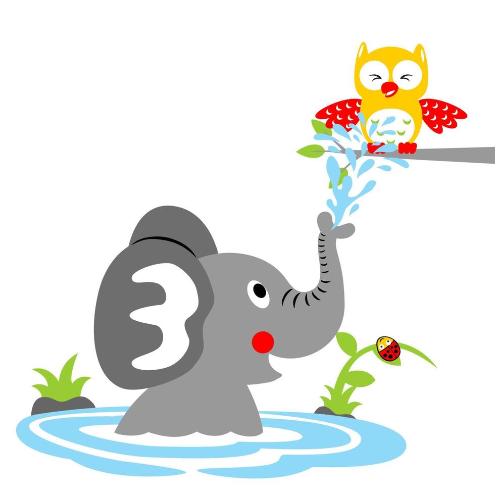 Funny elephant spraying water to owl on tree branches, ladybug on grass, vector cartoon illustration