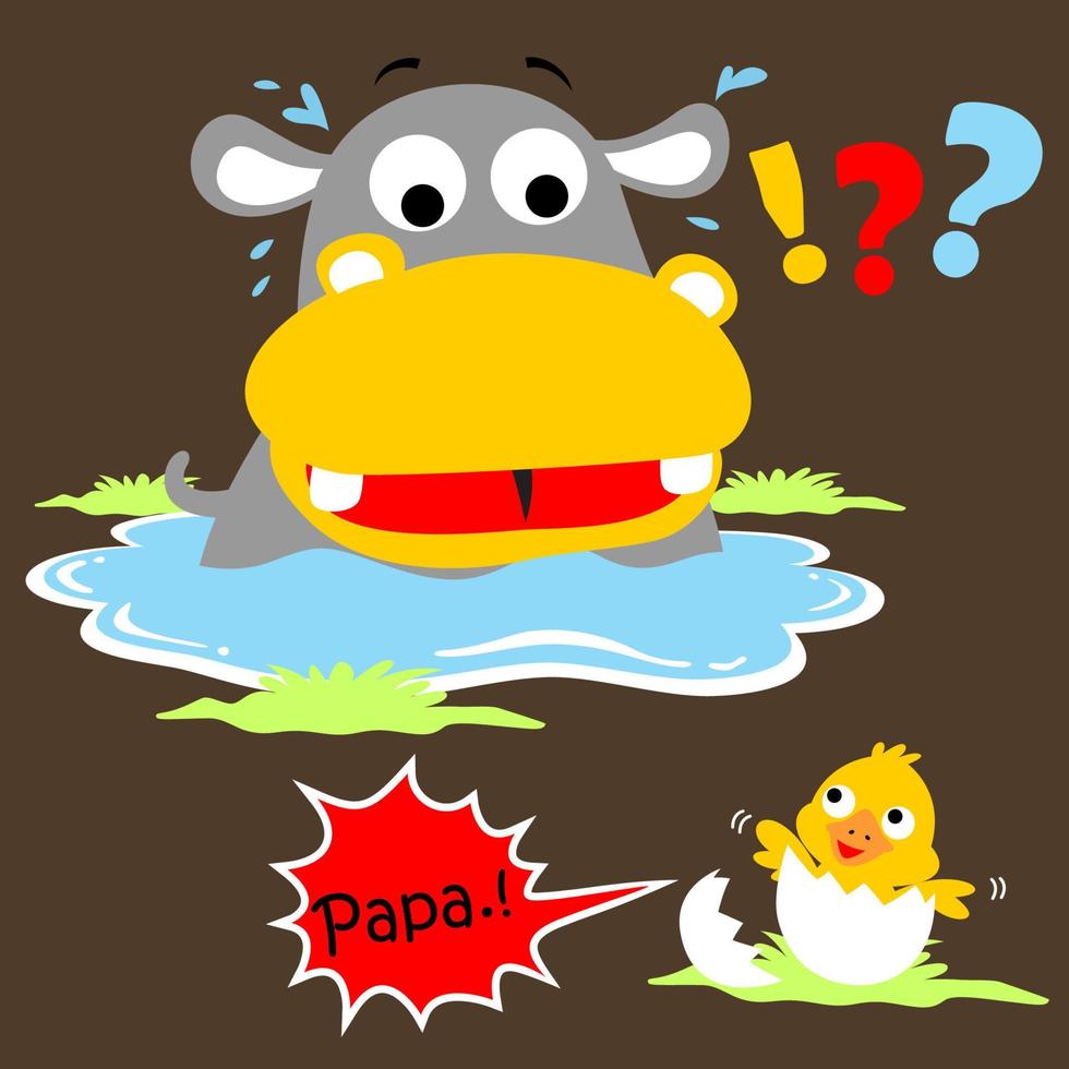 Cute hippo with newborn duck, vector cartoon illustration