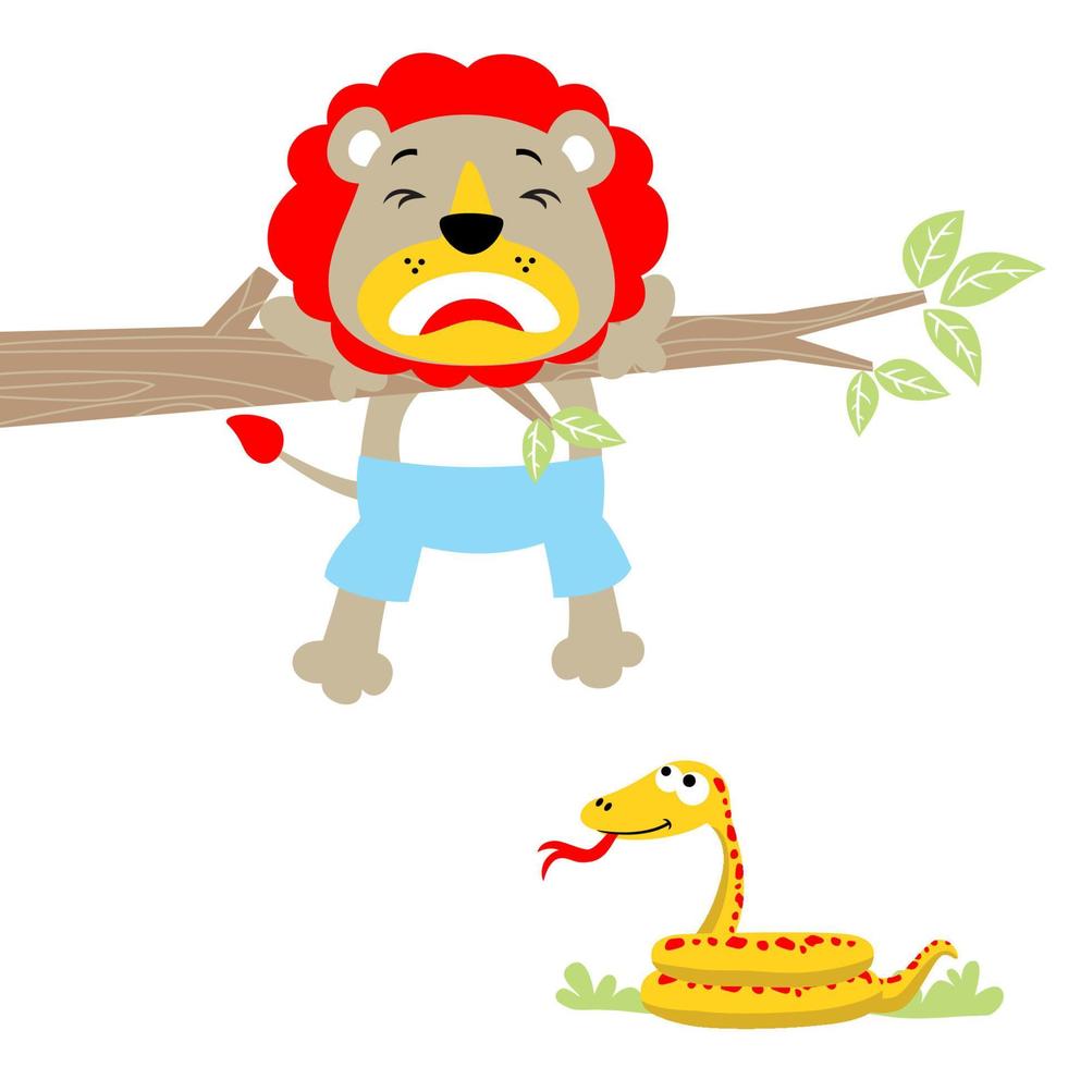 funny lion climbing tree afraid with a snake, vector cartoon illustration