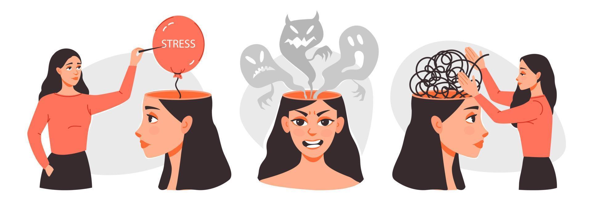 estrés conciencia. un joven mujer luchas con estrés y interno miedos, confuso pensamientos. un frustrado mujer con problemas. mental salud. plano moderno vector ilustración.