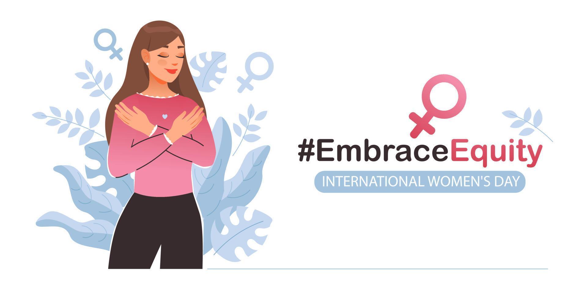 abrazo equidad, vector modelo para web o tarjeta postal. internacional De las mujeres día