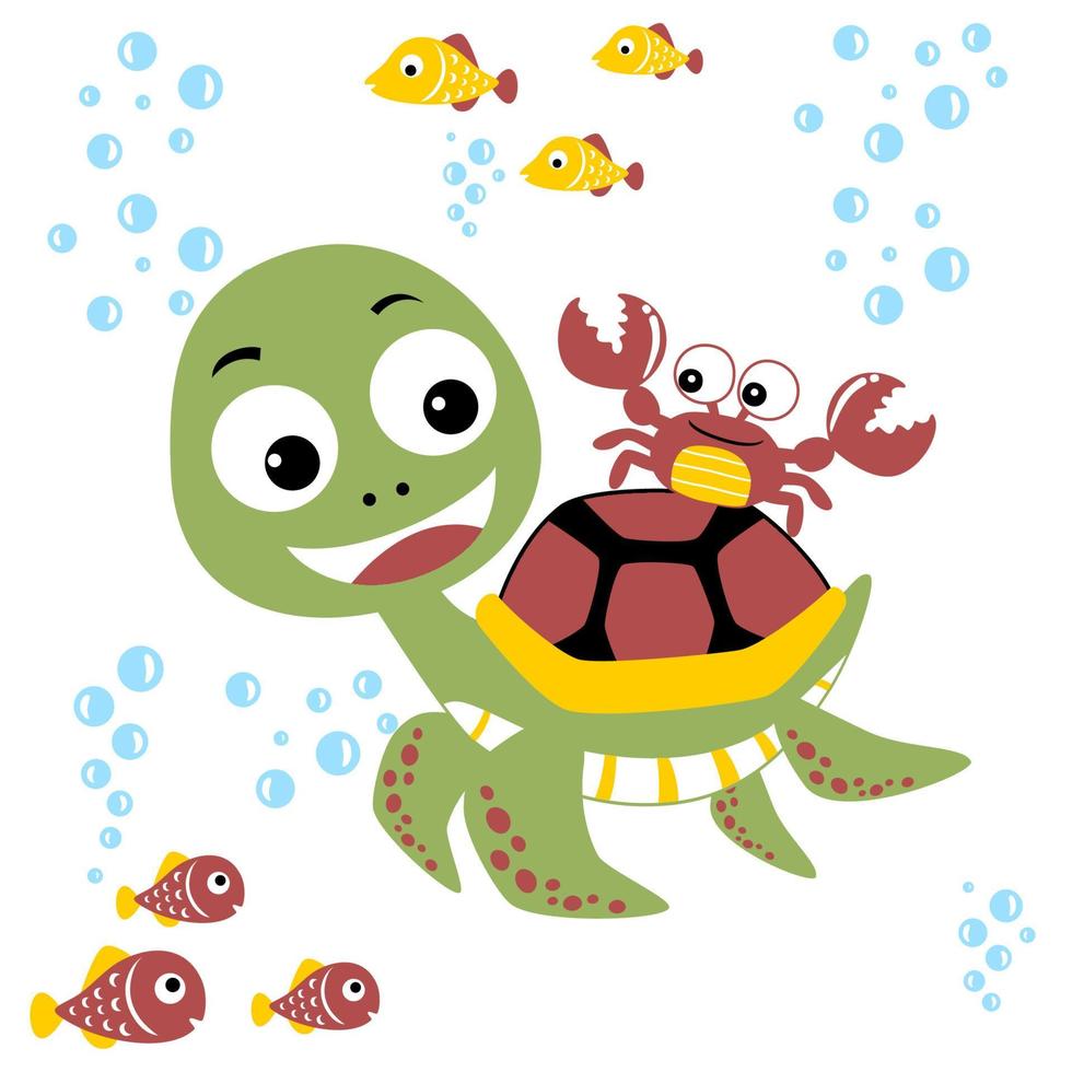 Funny marine animals cartoon, little crab ride on turtle vector