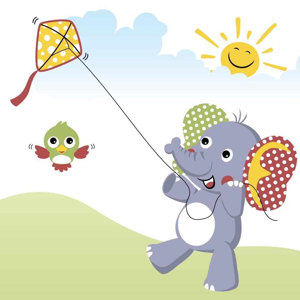 Cute elephant cartoon with little bird playing kite at summer vector