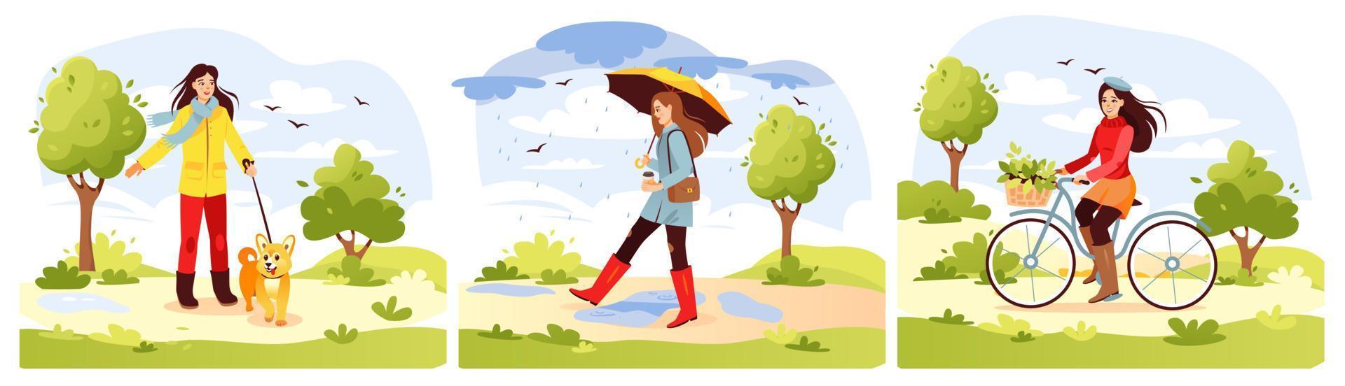 Spring park. Set of young girls walking in the park in spring. The girl drinks coffee, walks the dog, rides a bike. cartoon vector illustration