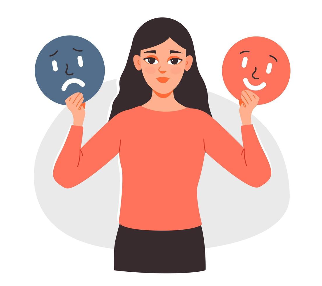 Bipolar disorder. The girl is holding signs with different moods. Stress management, depression. vector