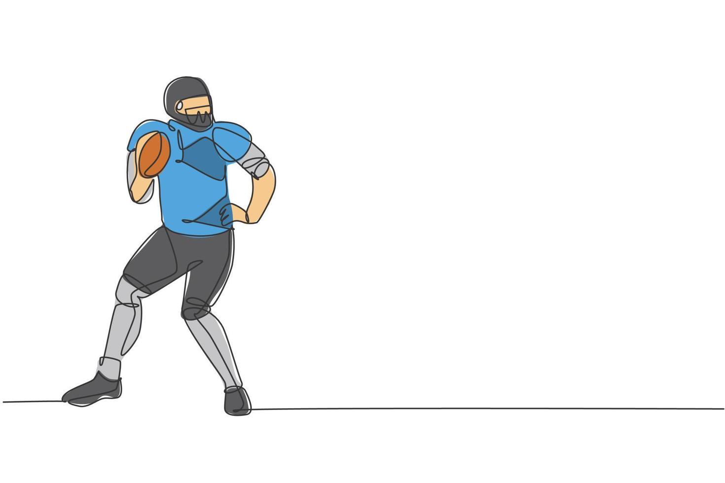 Single continuous line drawing of young agile man american football player stand stance to pass the ball for competition media. Sport exercise concept. Trendy one line draw design vector illustration