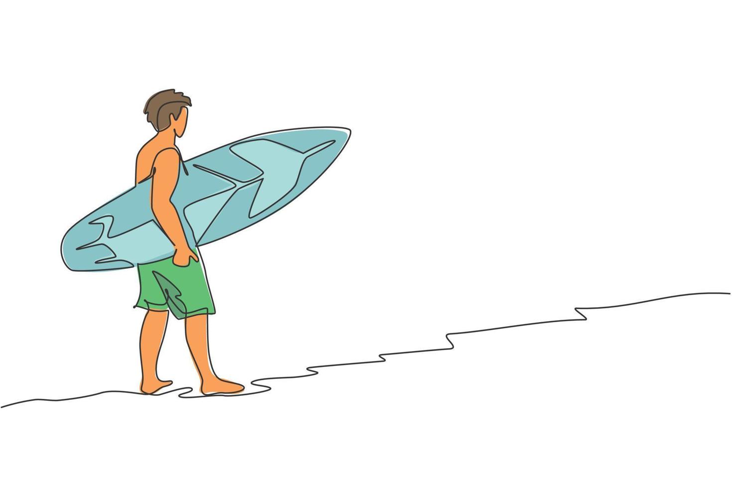 One continuous line drawing of young happy tourist surfer walking on sandy beach and carrying surfboard. Extreme watersport concept. Summer holiday. Dynamic single line draw design vector illustration