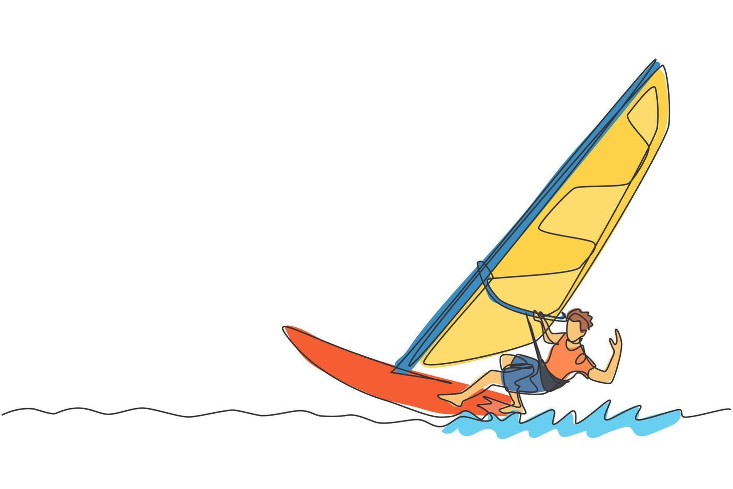 dibujo de una sola línea continua de un joven surfista deportivo jugando al windsurf en el mar. concepto de deporte marino extremadamente peligroso. vacaciones de verano. ilustración de vector de diseño de dibujo de una línea de moda