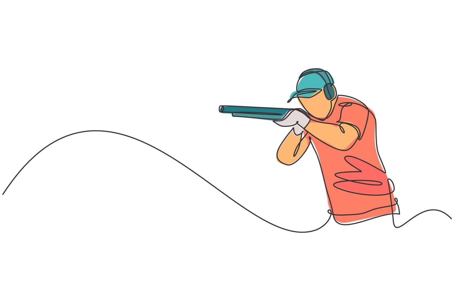 One continuous line drawing of young man on shooting training ground practice for competition with rifle shotgun. Outdoor shooting sport concept. Dynamic single line draw design vector illustration