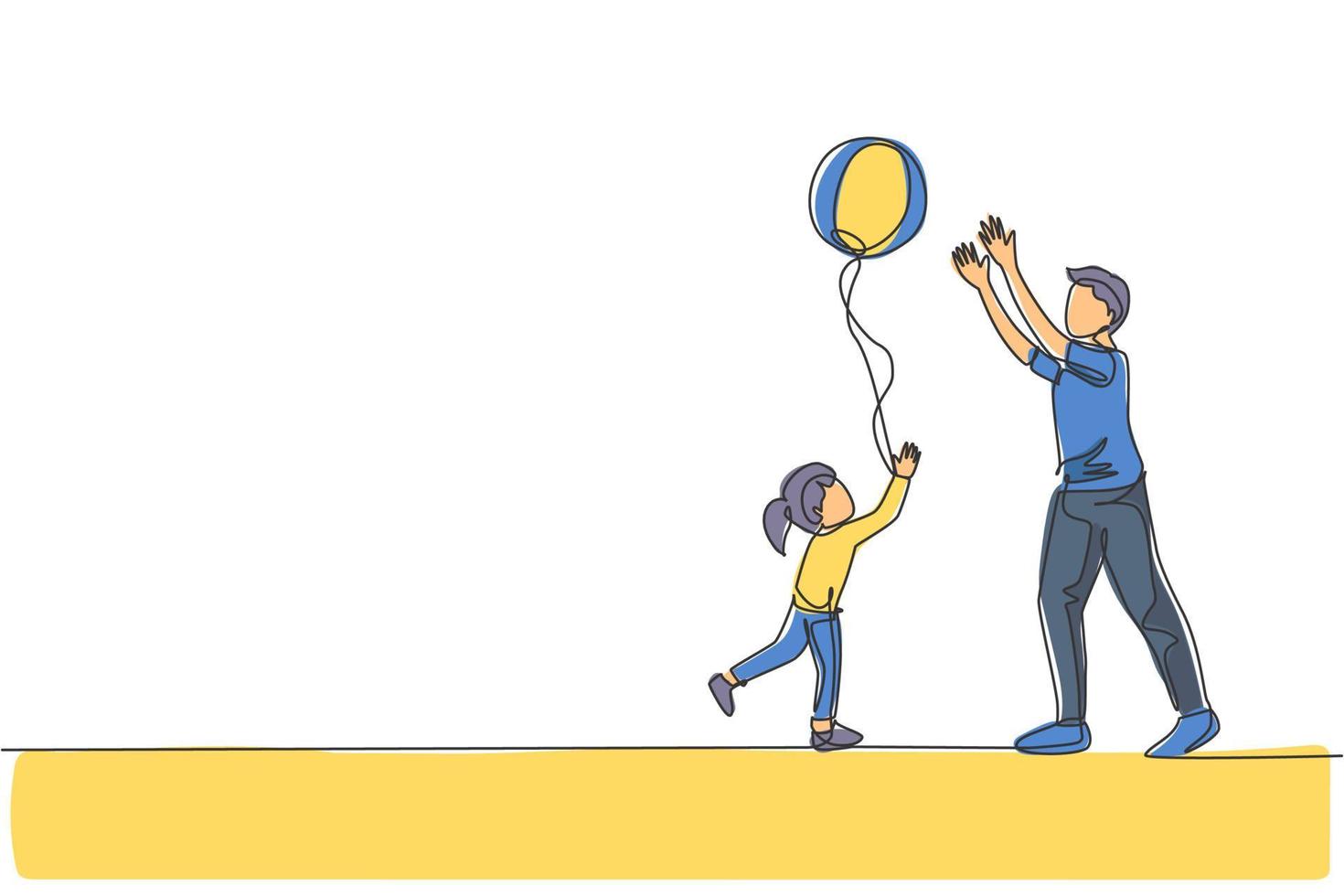 dibujo de una sola línea de papá joven jugando a lanzar pelota de playa con su hija en la ilustración de vector de casa. concepto de crianza de los hijos de familia feliz. diseño de dibujo gráfico de línea continua moderna