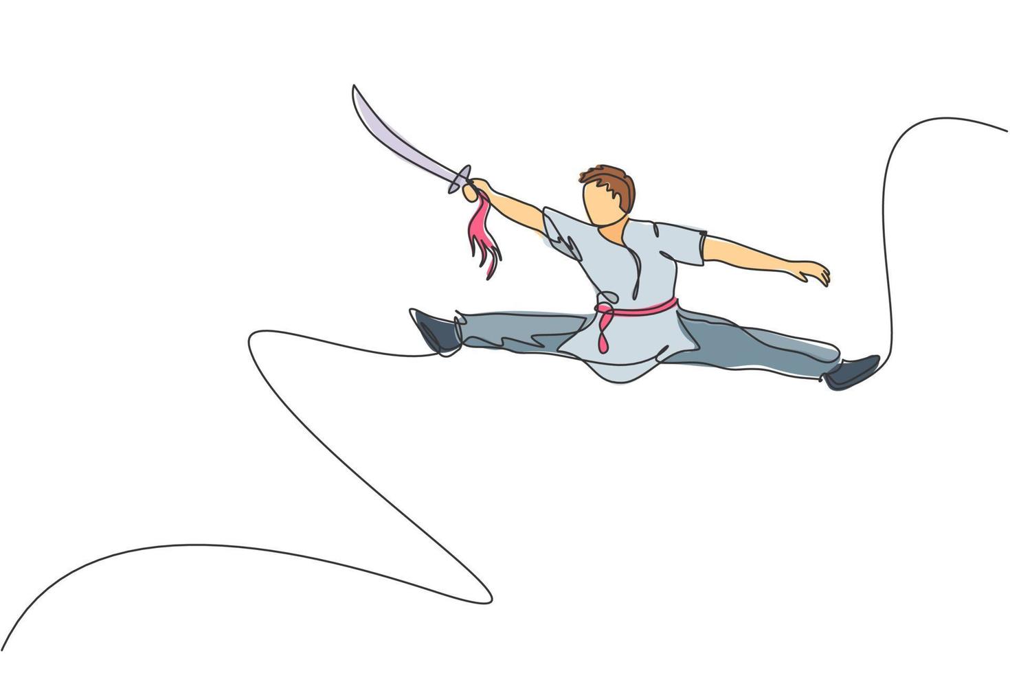 One single line drawing of young man on kimono exercise wushu and kung fu jumping technique with sword on gym center vector illustration. Fighting sport concept. Modern continuous line draw design