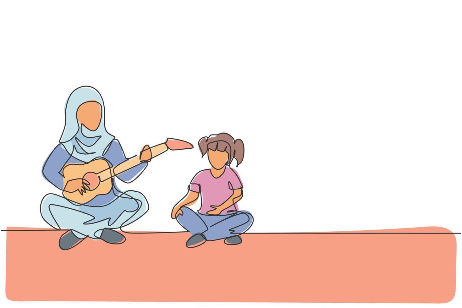 One continuous line drawing of young Arabian mom teach daughter playing guitar and singing at home. Happy Islamic muslim parenting family concept. Dynamic single line draw design vector illustration