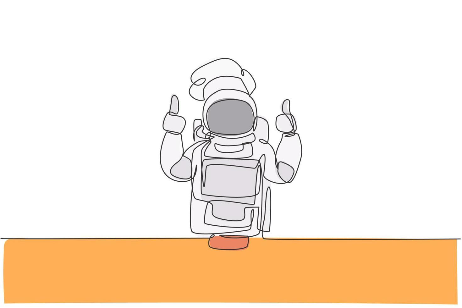 un dibujo de línea continua del joven chef astronauta dando un gesto de pulgar hacia arriba para una comida deliciosa. menú de comida de cocina saludable en concepto de restaurante. Ilustración de vector de diseño de dibujo de línea única dinámica