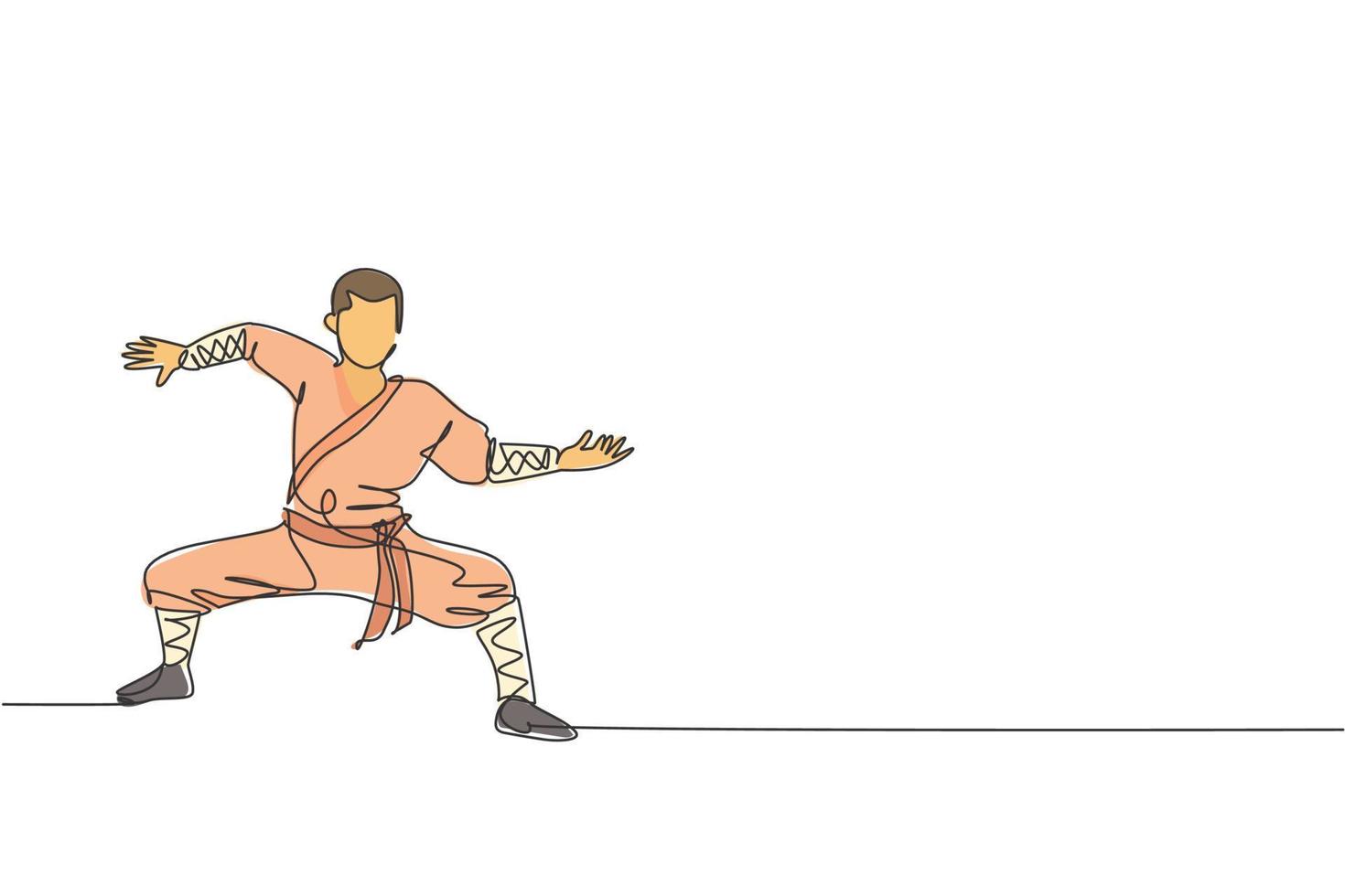 One continuous line drawing of young shaolin monk man practice kung fu style at temple ground . Traditional Chinese combative sport concept. Dynamic single line draw design vector graphic illustration
