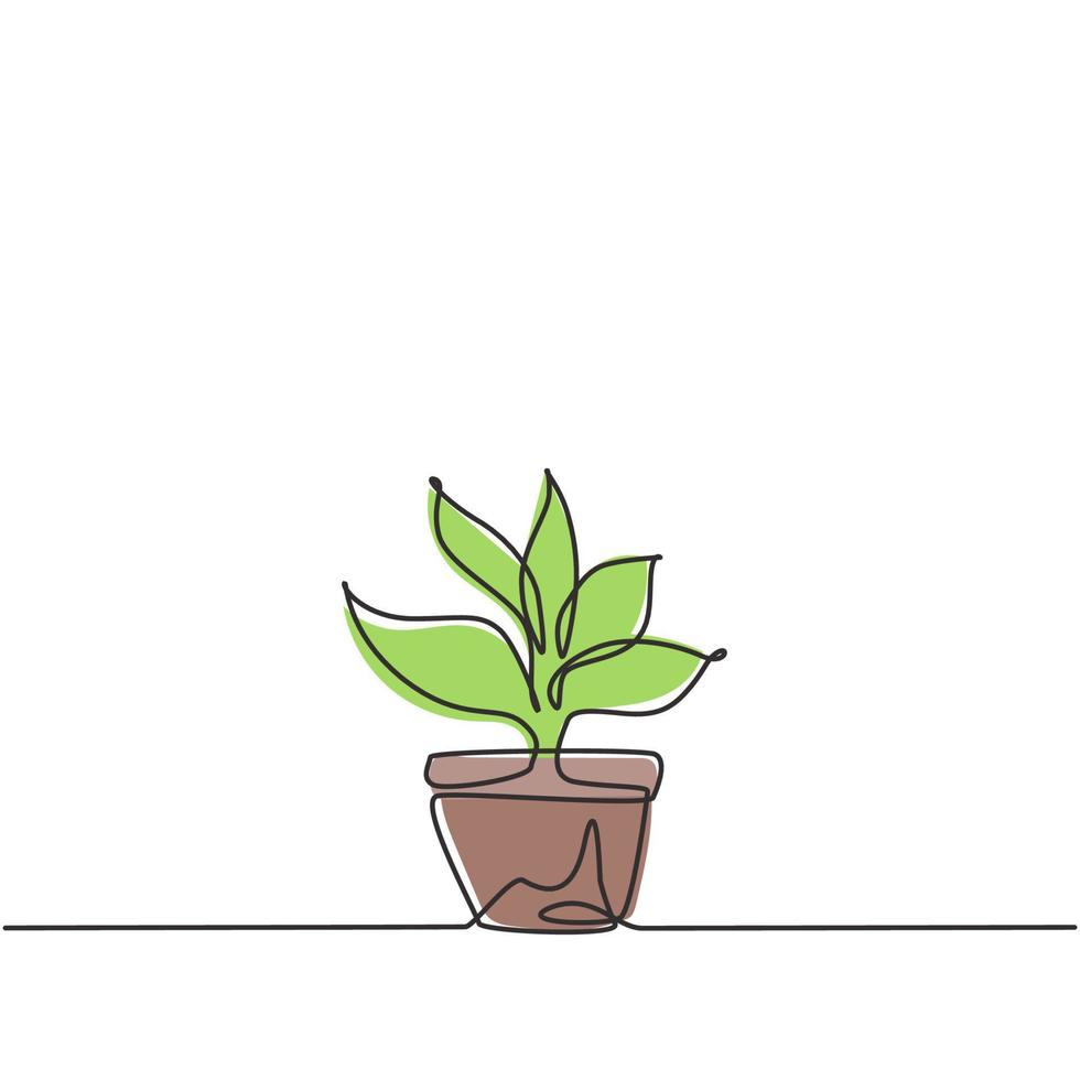 Continuous one line drawing potted plants with five growing leaves are used for ornamental plants. Ornamental plants to beautify the living room. Single line draw design vector graphic illustration.