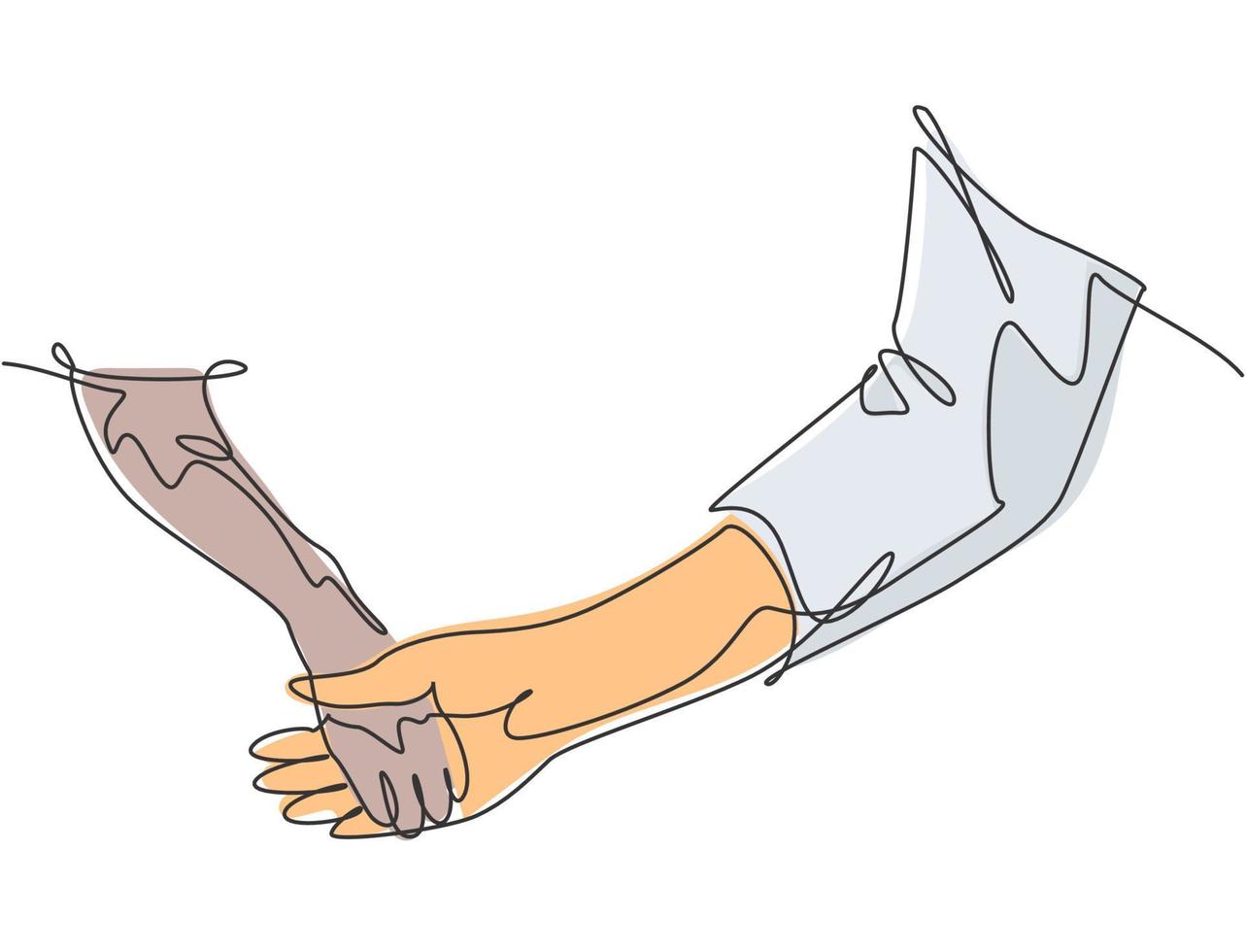 One line drawing of human hand holding dog leg with full of love. Friendship with pet animal concept. Best friend forever. Continuous line drawing design, vector graphic illustration