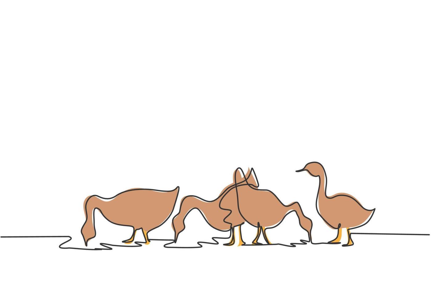 Single one line drawing of the geese are being fed to be healthy and produce the best eggs and meat. Farming challenge minimal concept. Modern continuous line draw design graphic vector illustration.
