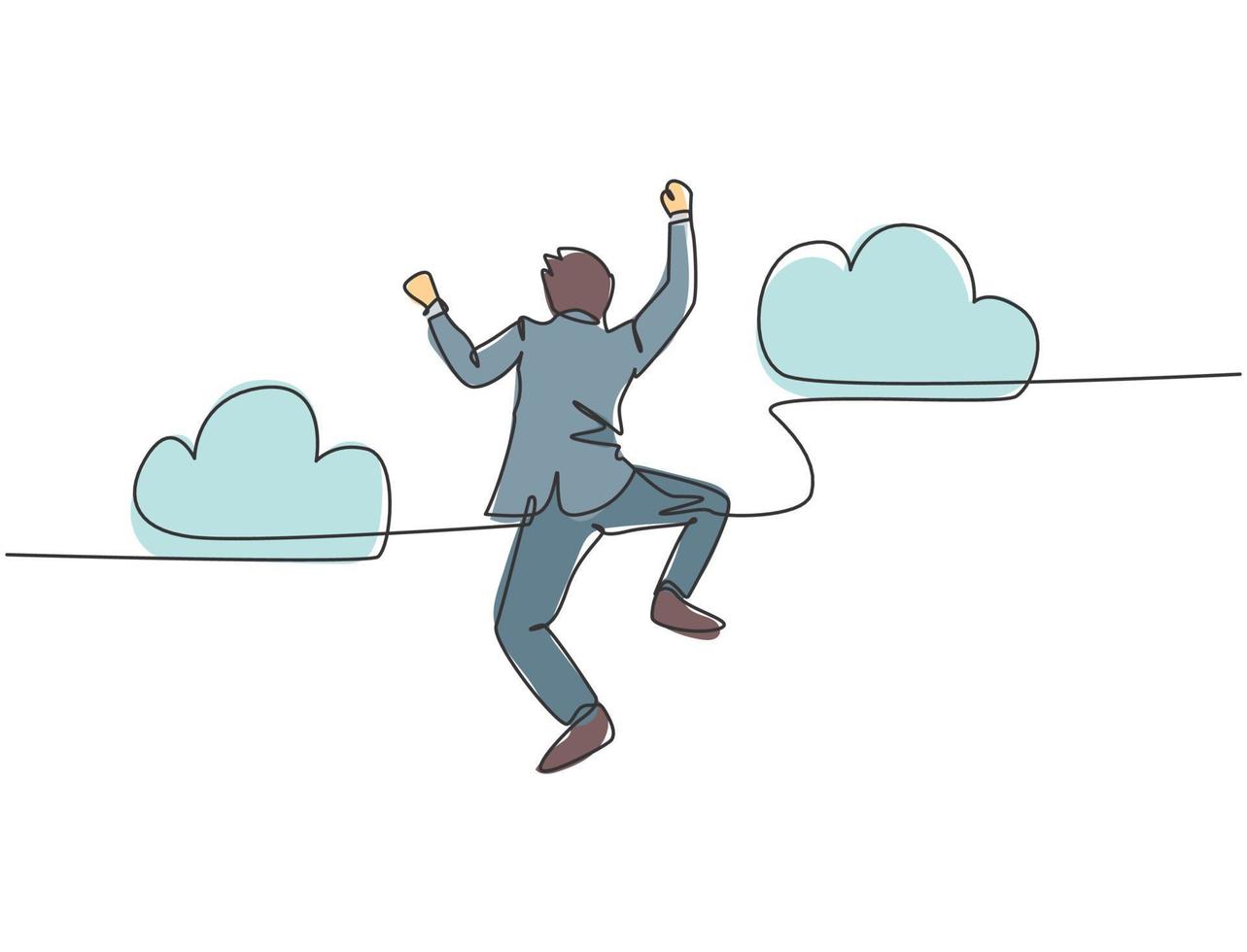 One line drawing of young happy and energetic business man punching a fist into the air and jumping over the cloud. Business success celebration concept continuous line draw design vector illustration