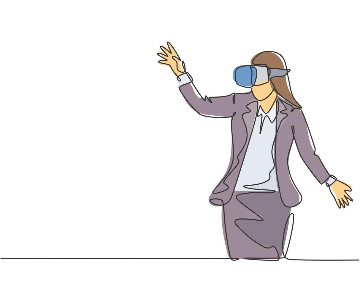 Single continuous line drawing of young happy businesswoman reaching something while playing simulation game. Virtual reality game player concept. Modern one line draw design vector illustration
