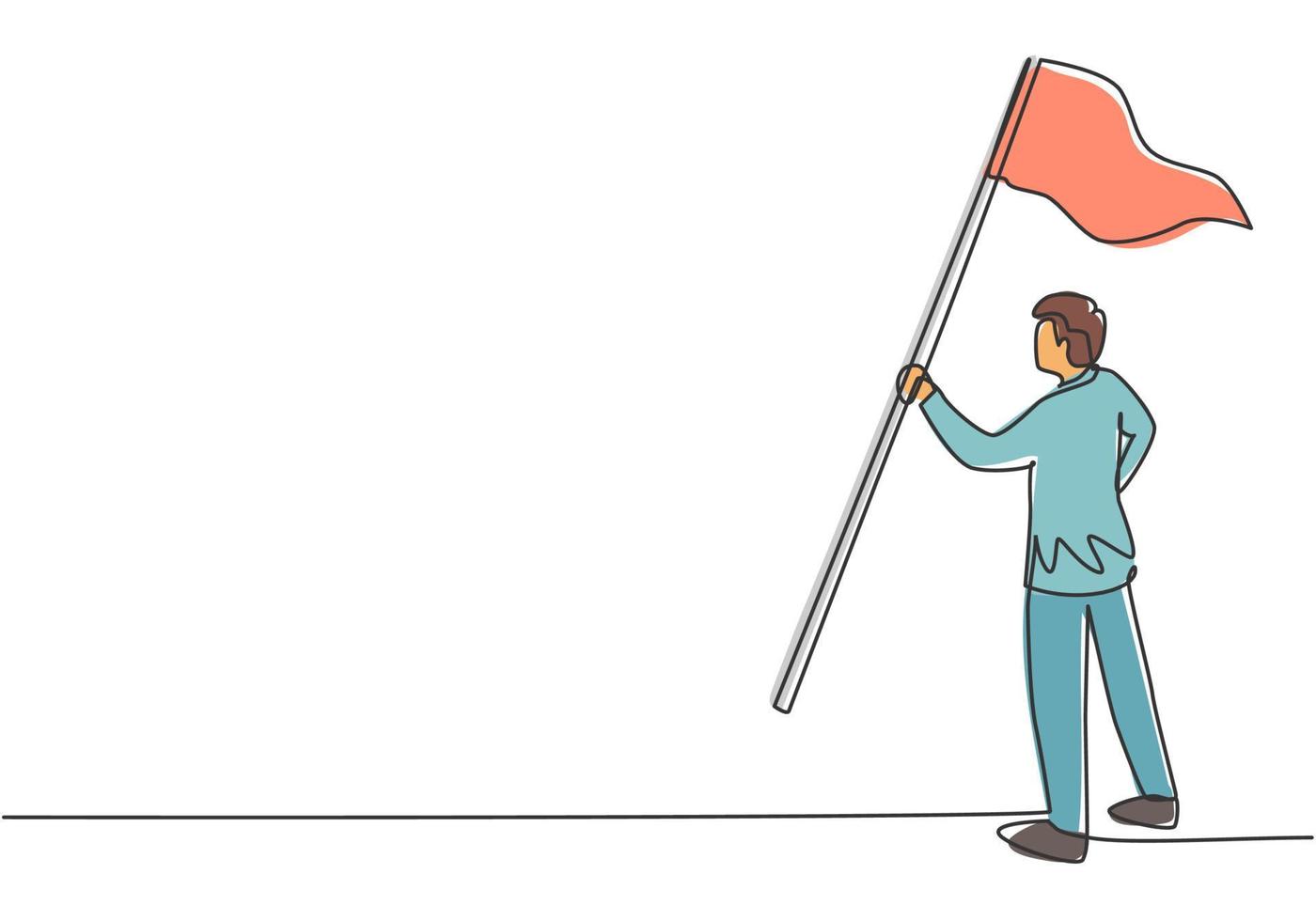 dibujo continuo de una línea joven trabajador masculino sosteniendo la bandera ganadora. gerente de negocios de éxito lograr el objetivo de la empresa. concepto minimalista de metáfora. Ilustración gráfica de vector de diseño de dibujo de una sola línea