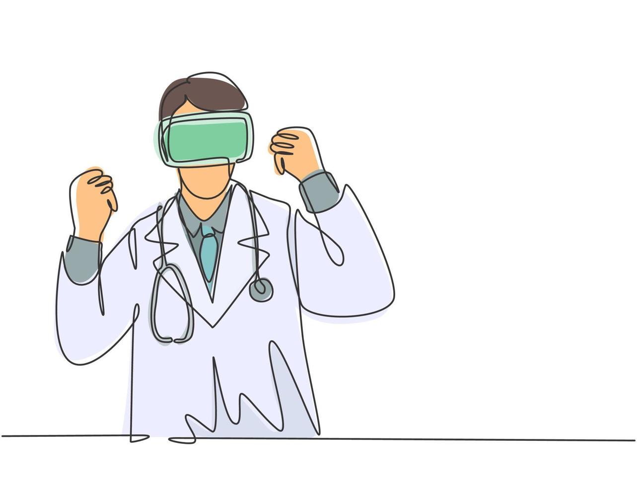Single continuous line drawing of young happy male doctor celebrates his victory finishing all stages at simulation games. Virtual reality game player concept one line draw design vector illustration