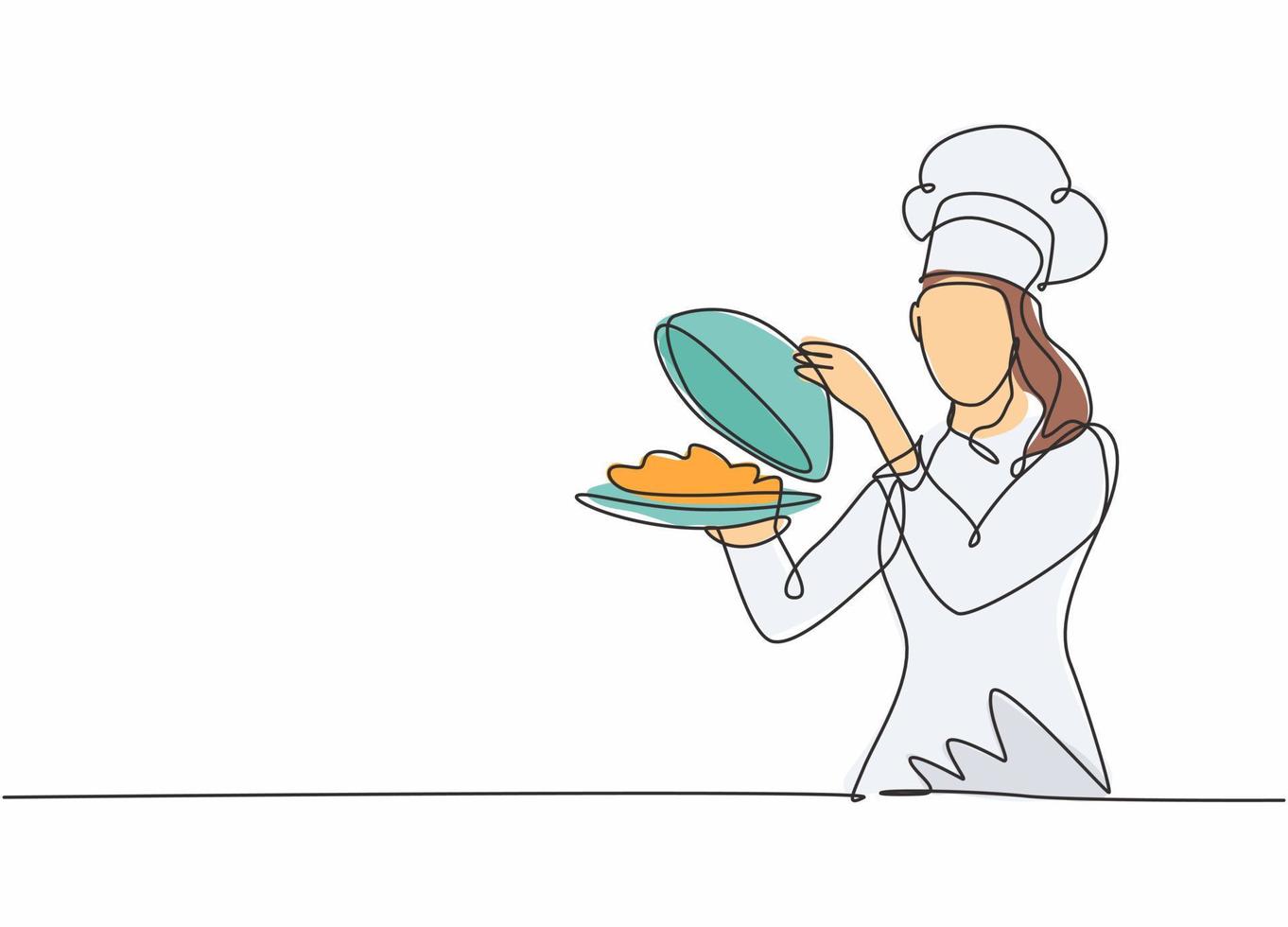 dibujo de una sola línea joven y atractiva mujer chef que sirve una deliciosa cocina en el restaurante. sosteniendo y abriendo la bandeja cloche plantilla moderna una línea dibujada a mano ilustración vectorial estilo minimalista vector