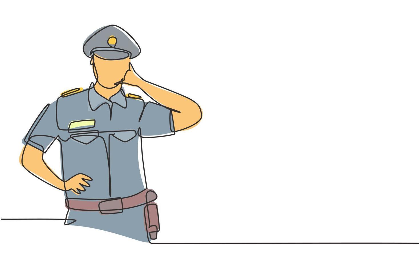 El policía de dibujo de línea continua única con gesto de llamarme y uniforme está listo para imponer la disciplina de tráfico en la carretera. patrulla de reserva. Ilustración de vector de diseño gráfico de dibujo de una línea dinámica