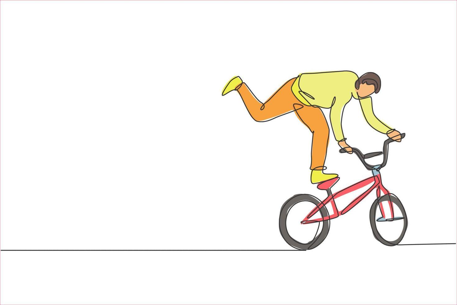 One single line drawing of young bmx bicycle rider performing freestyle trick on street vector illustration. Extreme sport concept. Modern continuous line draw design for freestyle competition banner