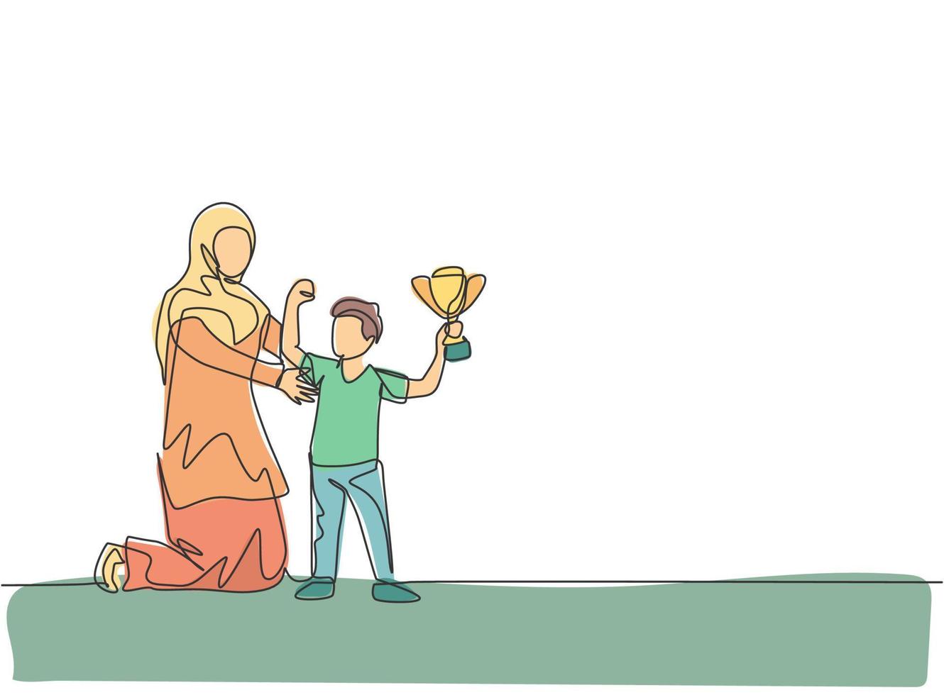 One continuous line drawing of young Arabian mother congratulate son of the award trophy that he won. Happy Islamic muslim parenting family concept. Dynamic single line draw design vector illustration