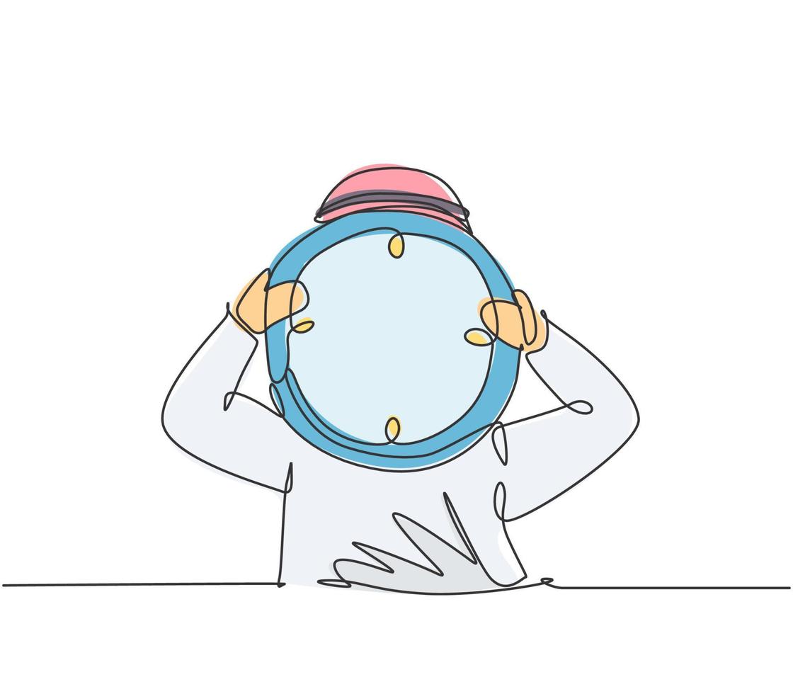 Single one line drawing of young Arabian business man holding giant analog clock in front his head. Metaphor business deadline concept. Modern continuous line draw design graphic vector illustration.