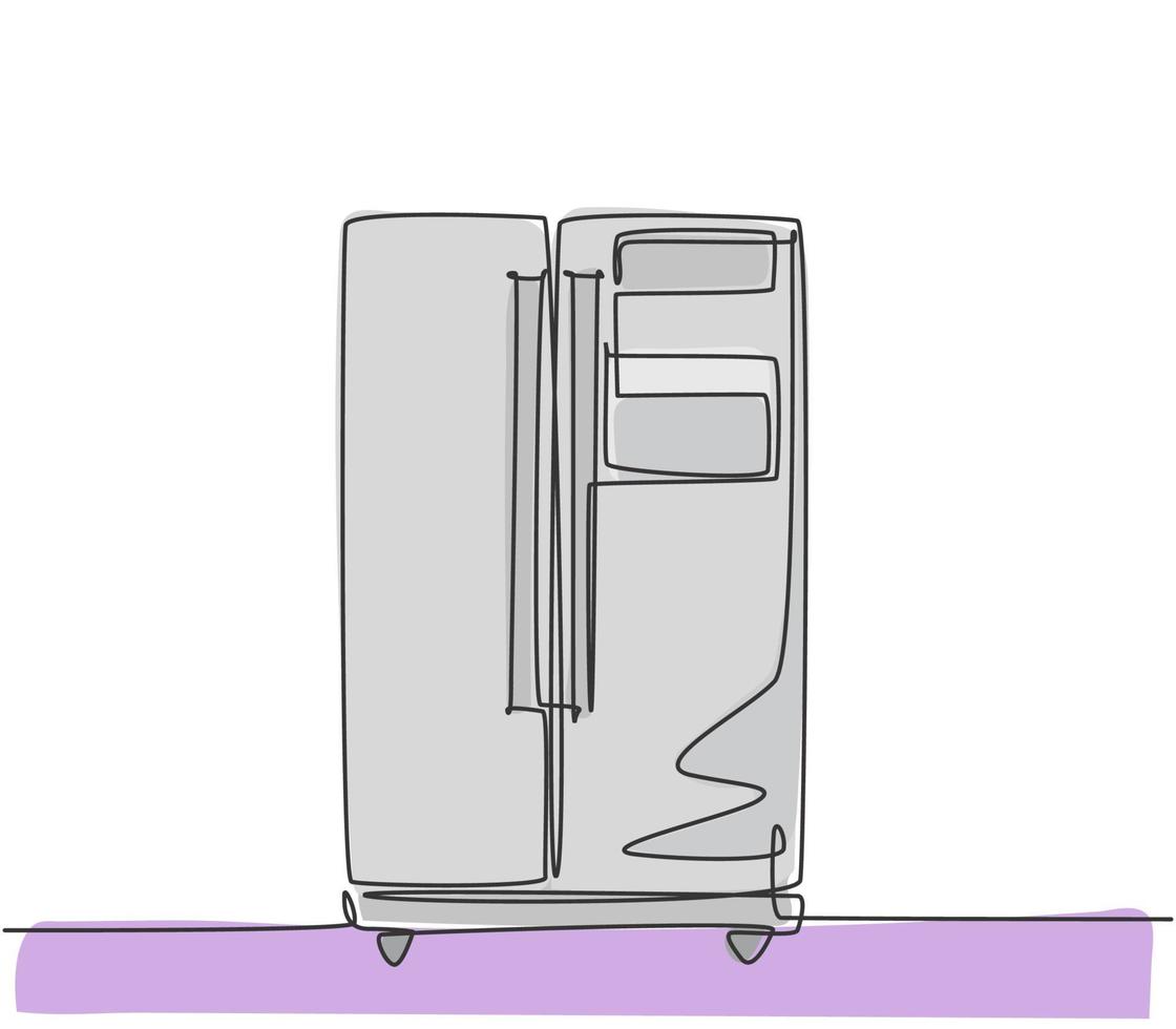 Un solo dibujo de línea continua de un refrigerador de dos puertas de lujo para el hogar. concepto de electrodomésticos electrónicos. Ilustración de vector gráfico de diseño de dibujo de una línea moderna