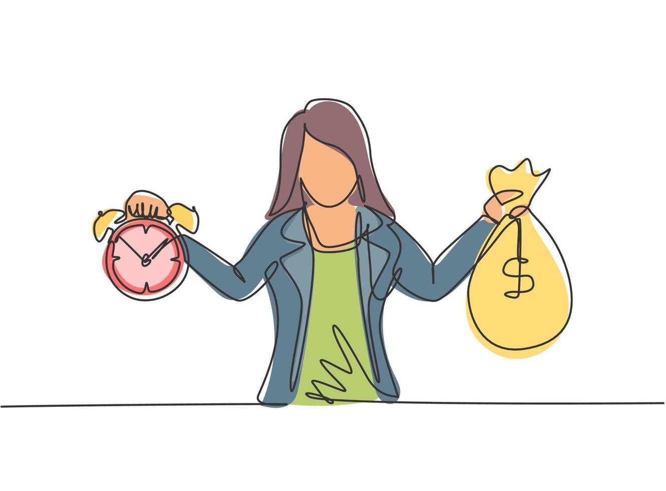 Single one line drawing of young business woman holding money bag and alarm clock with her hands. Minimalism metaphor business deadline concept. Continuous line draw design graphic vector illustration