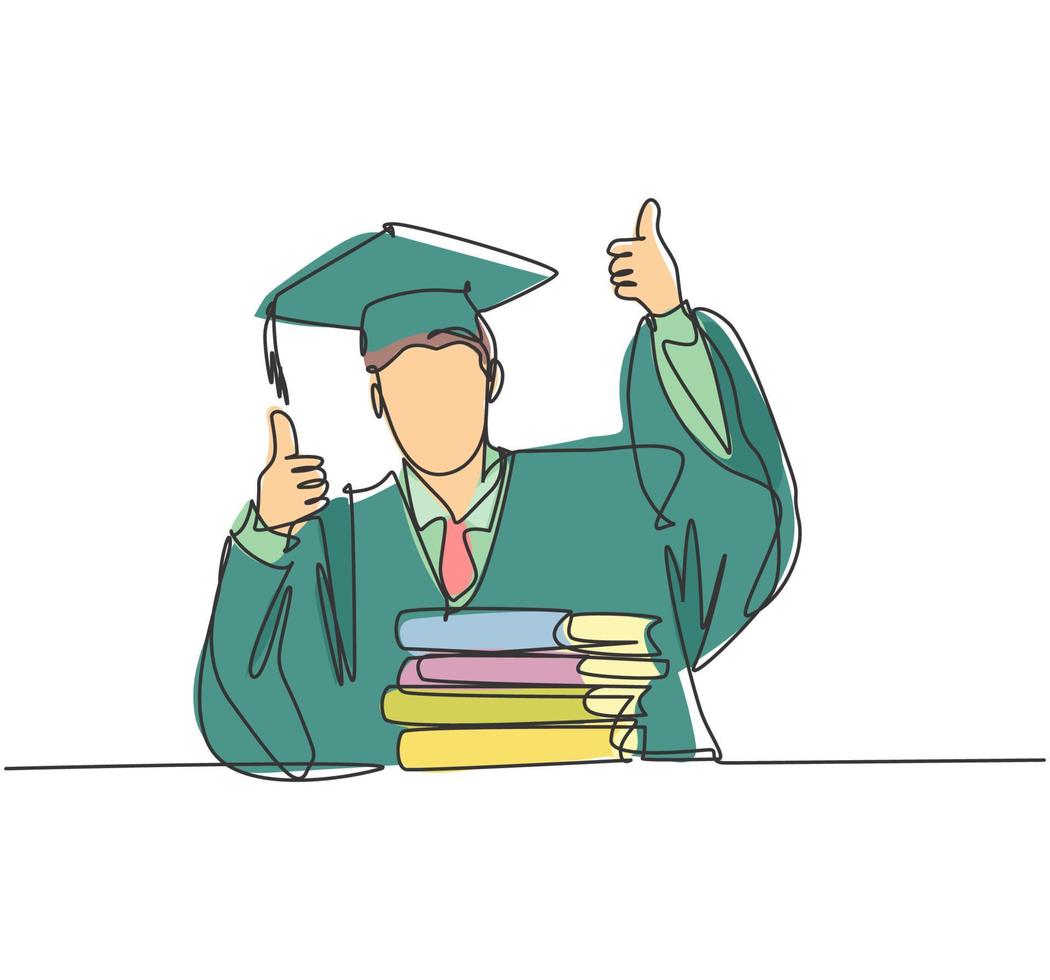 One line drawing of young happy graduate male college student wearing graduation uniform and giving thumbs up gesture in front of books stack. Education concept continuous line draw design vector