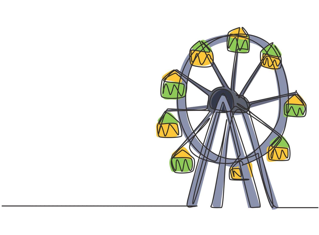 dibujo de una sola línea de una noria en un parque de atracciones, un gran círculo circular en lo alto del cielo. interesantes paseos recreativos para familias. Ilustración de vector gráfico de diseño de dibujo de una línea.