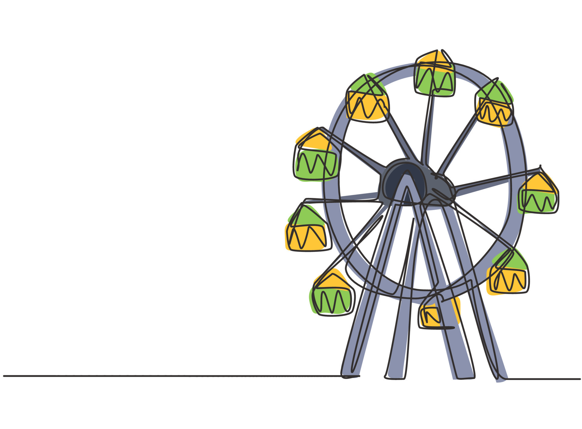 Single one line drawing of a ferris wheel in an amusement park, a large